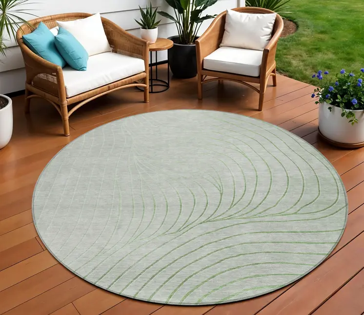 8' Artichoke Green And Silver Round Abstract Washable Indoor Outdoor Area Rug
