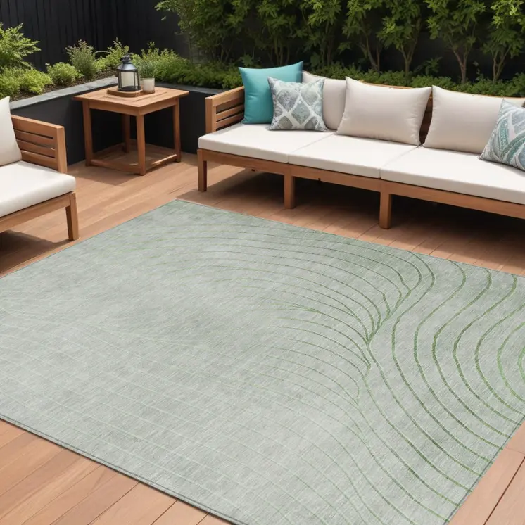 8' X 10' Artichoke Green And Silver Abstract Washable Indoor Outdoor Area Rug