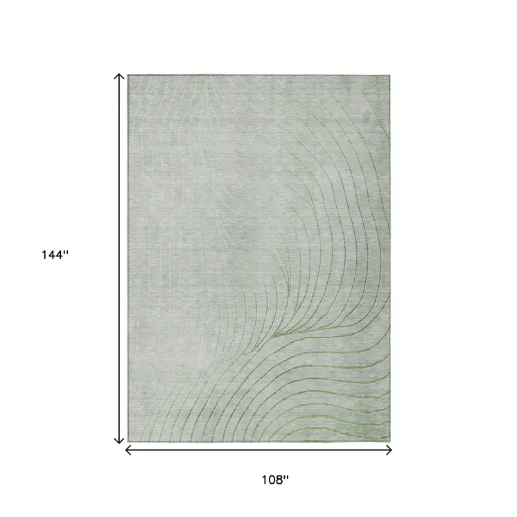 9' X 12' Artichoke Green And Silver Abstract Washable Indoor Outdoor Area Rug