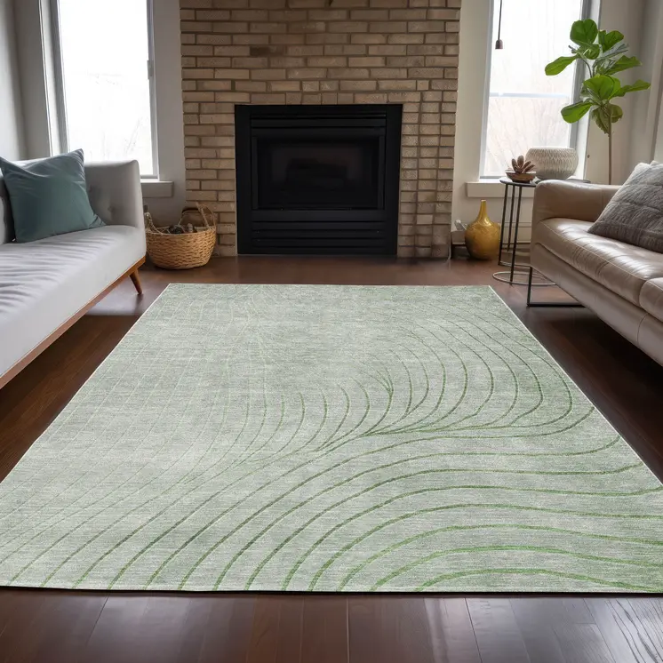10' X 14' Artichoke Green And Silver Abstract Washable Indoor Outdoor Area Rug