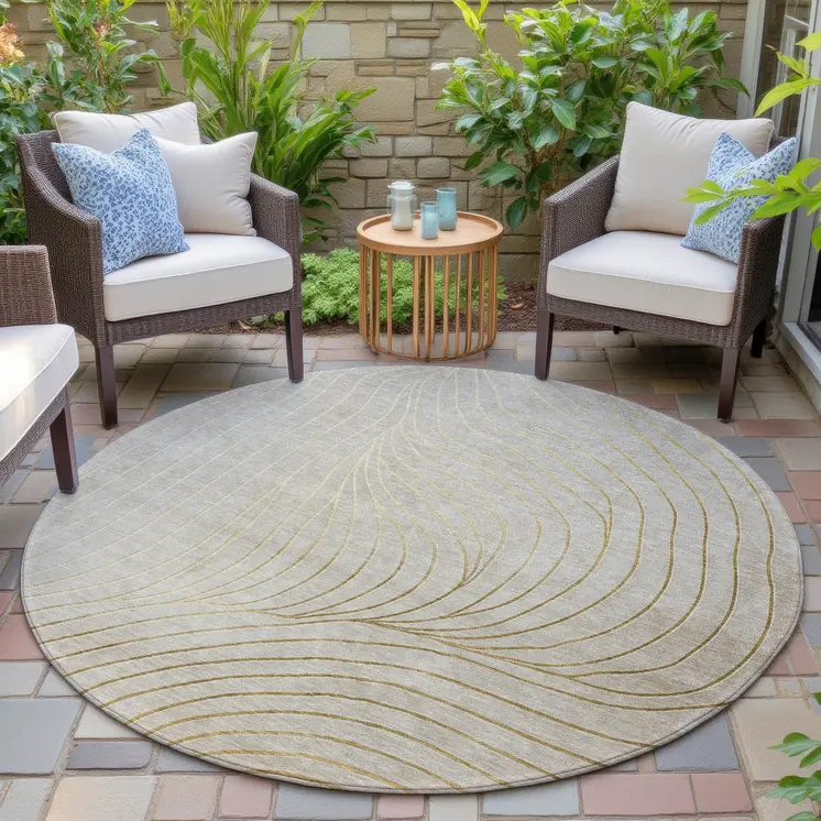 8' Beige And Silver Round Abstract Washable Indoor Outdoor Area Rug