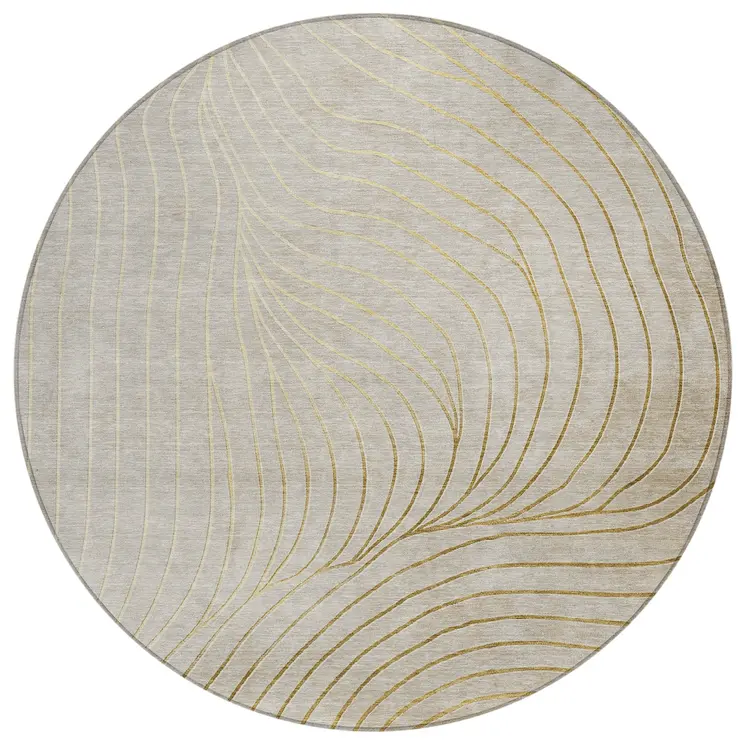 8' Beige And Silver Round Abstract Washable Indoor Outdoor Area Rug