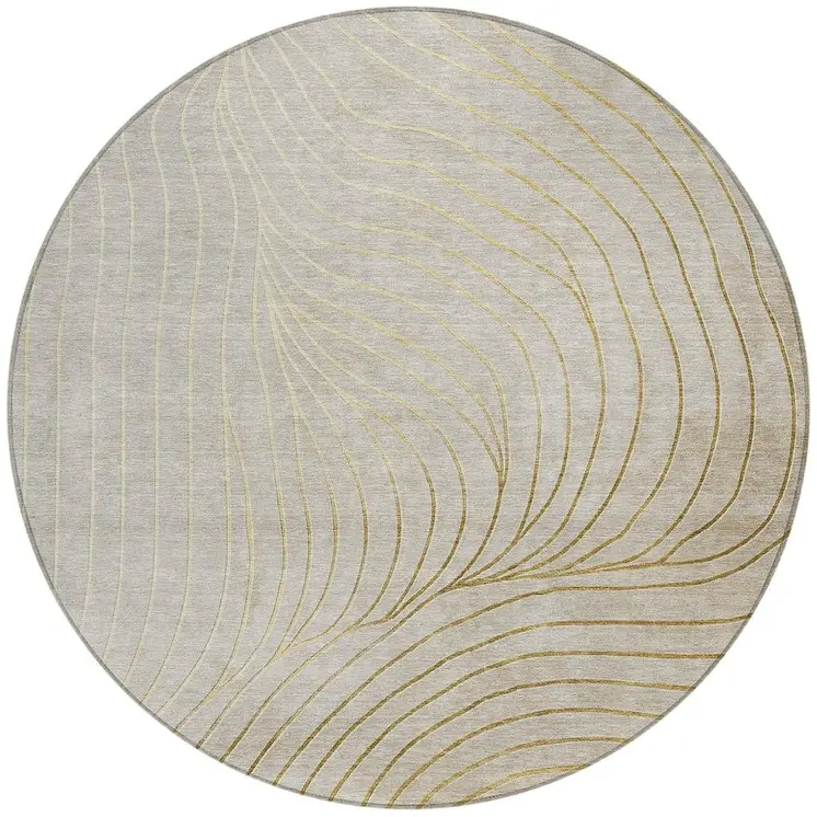 8' Beige And Silver Round Abstract Washable Indoor Outdoor Area Rug