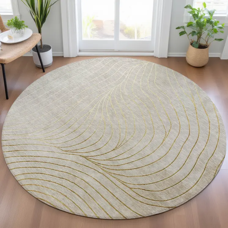 8' Beige And Silver Round Abstract Washable Indoor Outdoor Area Rug
