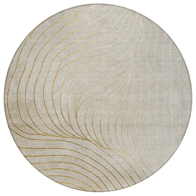 8' Beige And Silver Round Abstract Washable Indoor Outdoor Area Rug