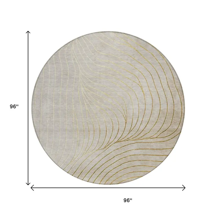 8' Beige And Silver Round Abstract Washable Indoor Outdoor Area Rug