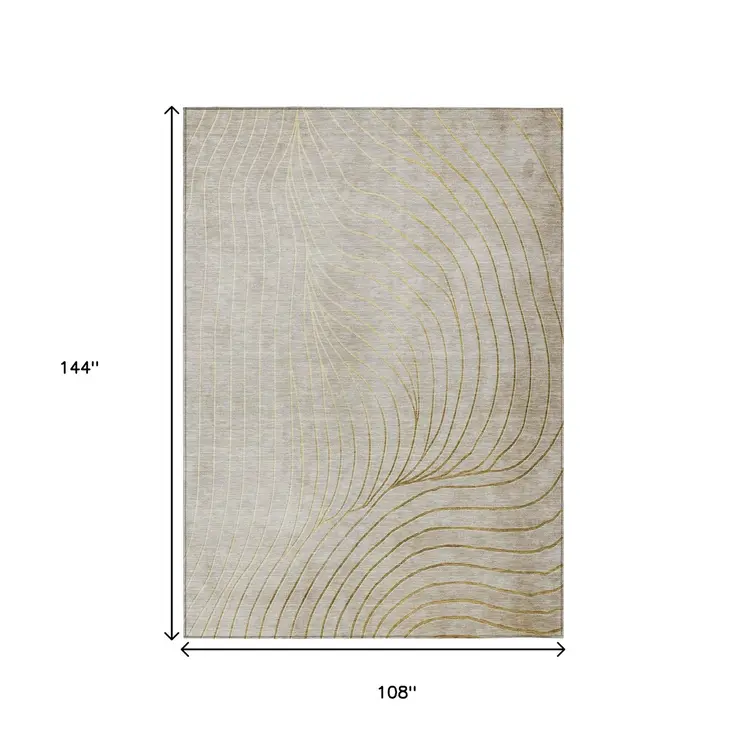 9' X 12' Beige And Silver Abstract Washable Indoor Outdoor Area Rug