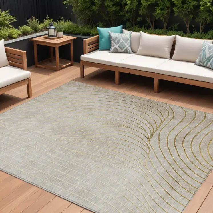 10' X 14' Beige And Silver Abstract Washable Indoor Outdoor Area Rug