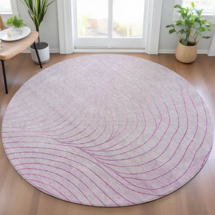 8' Blush And Silver Round Abstract Washable Indoor Outdoor Area Rug