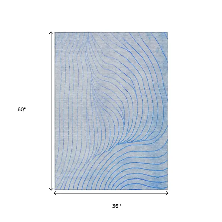 3' X 5' Blue And Silver Abstract Washable Indoor Outdoor Area Rug