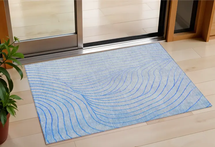 3' X 5' Blue And Silver Abstract Washable Indoor Outdoor Area Rug