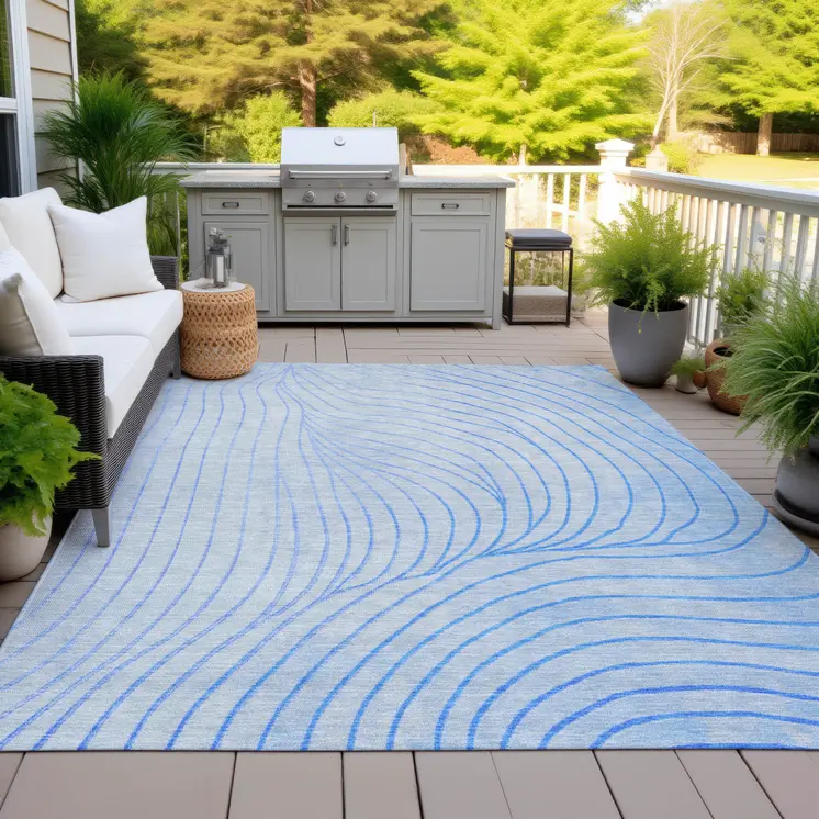 3' X 5' Blue And Silver Abstract Washable Indoor Outdoor Area Rug