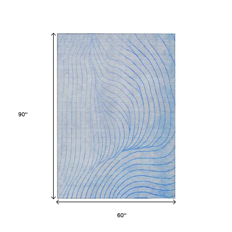 5' X 8' Blue And Silver Abstract Washable Indoor Outdoor Area Rug