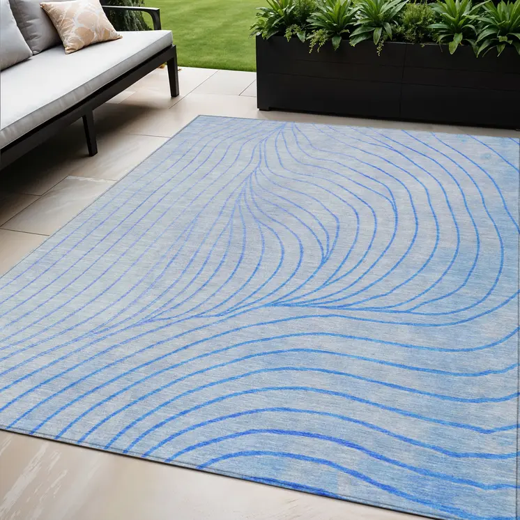 5' X 8' Blue And Silver Abstract Washable Indoor Outdoor Area Rug
