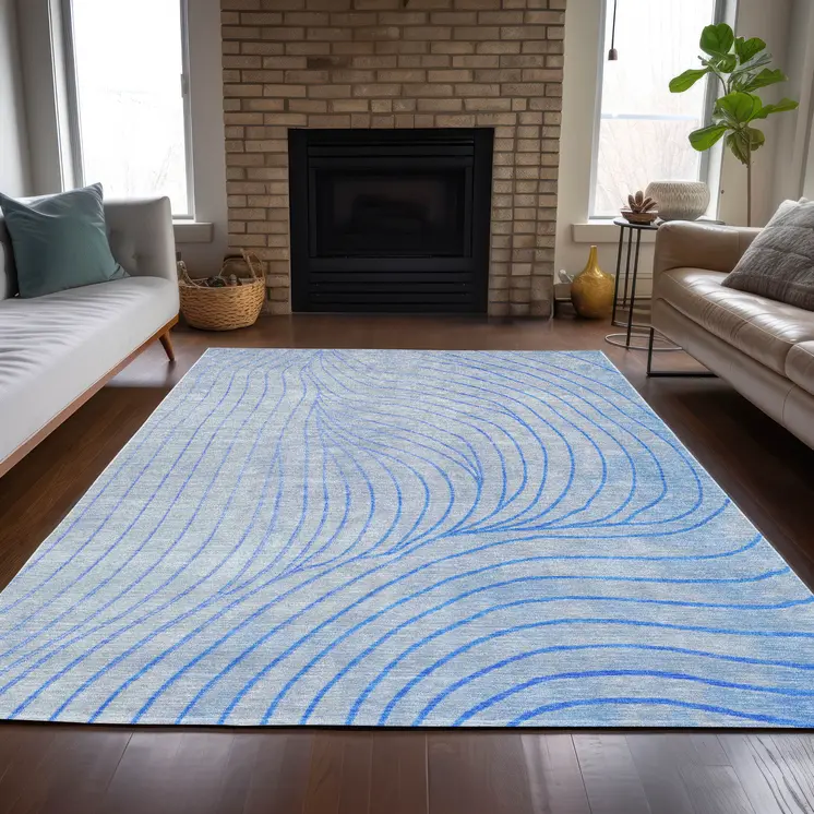 5' X 8' Blue And Silver Abstract Washable Indoor Outdoor Area Rug