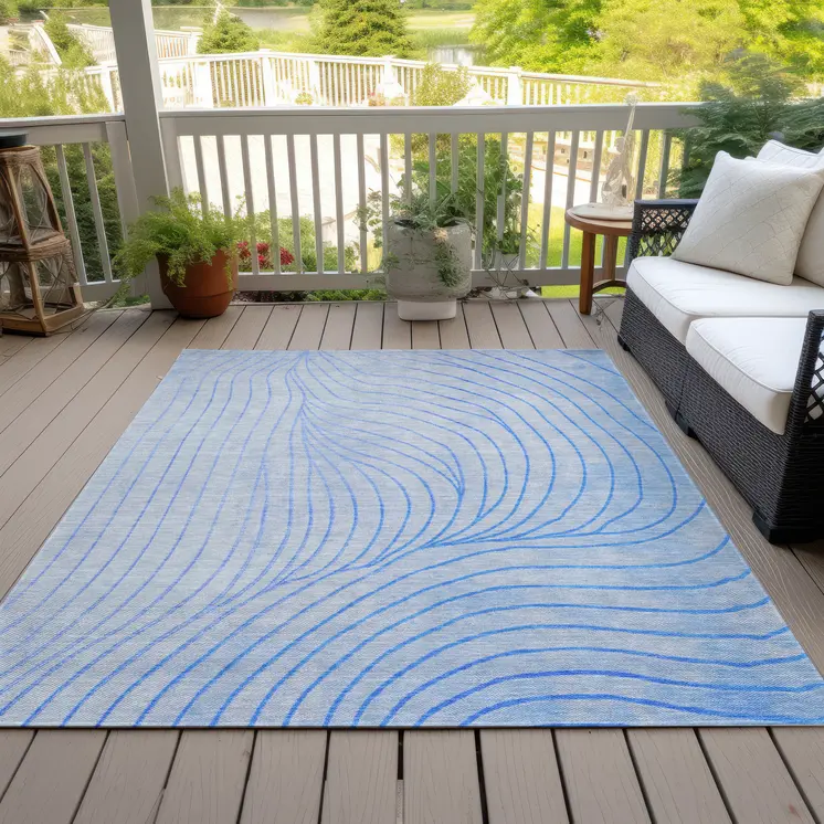 5' X 8' Blue And Silver Abstract Washable Indoor Outdoor Area Rug