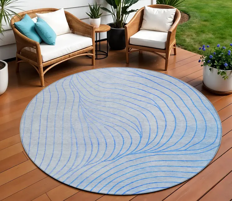8' Blue And Silver Round Abstract Washable Indoor Outdoor Area Rug