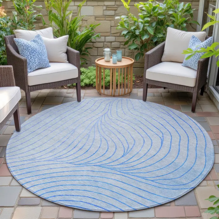 8' Blue And Silver Round Abstract Washable Indoor Outdoor Area Rug
