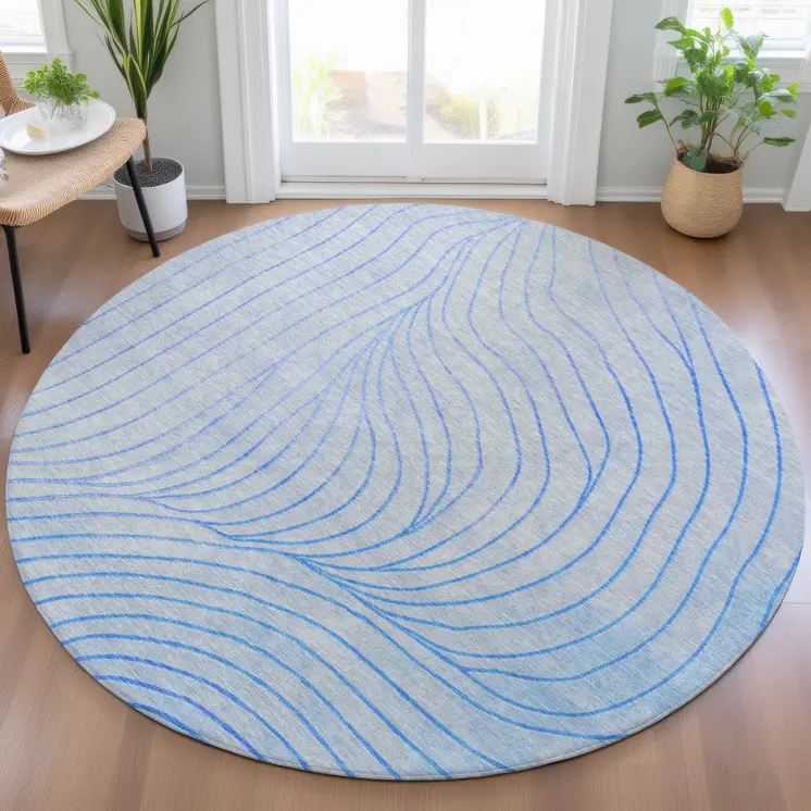 8' Blue And Silver Round Abstract Washable Indoor Outdoor Area Rug