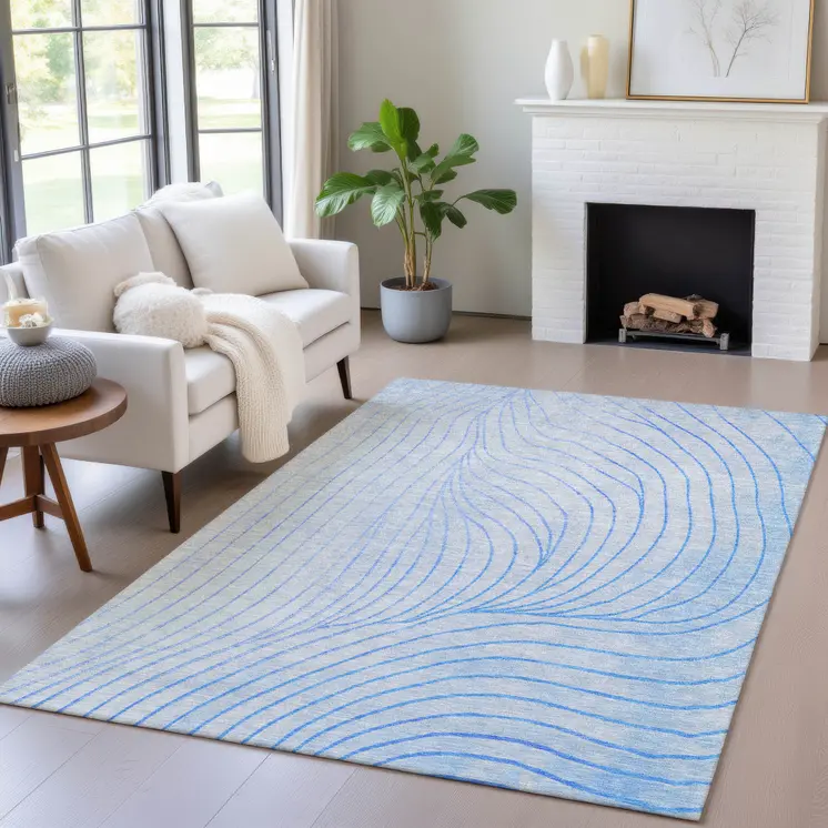8' X 10' Blue And Silver Abstract Washable Indoor Outdoor Area Rug