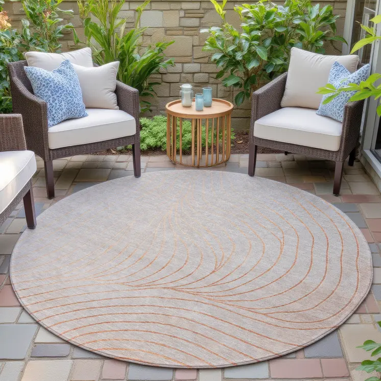 8' Copper And Silver Round Abstract Washable Indoor Outdoor Area Rug