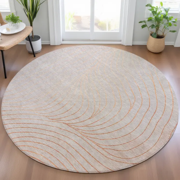 8' Copper And Silver Round Abstract Washable Indoor Outdoor Area Rug