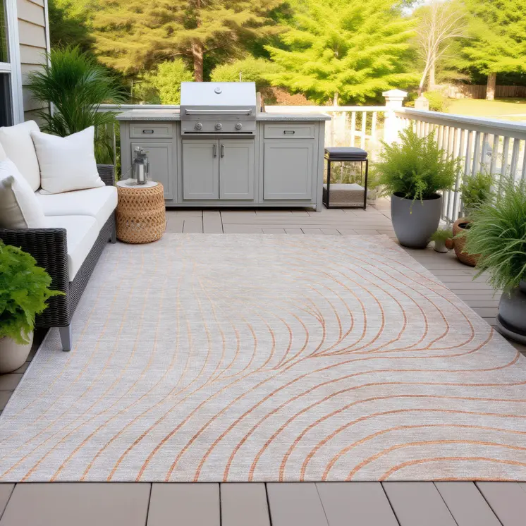 9' X 12' Copper And Silver Abstract Washable Indoor Outdoor Area Rug