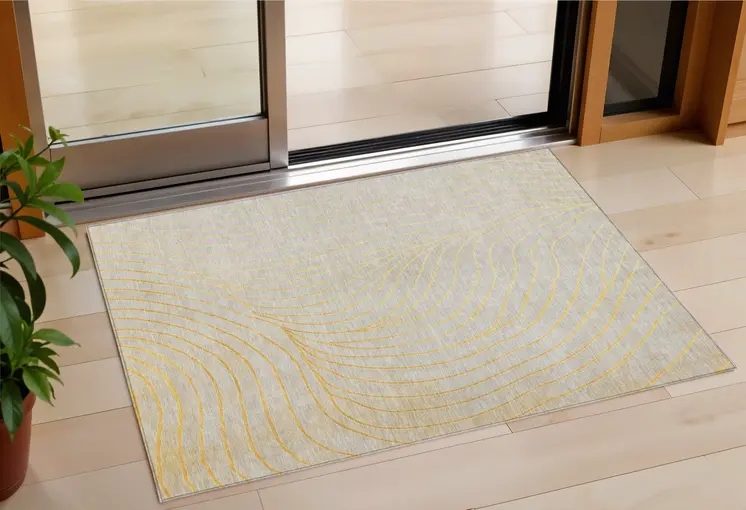 3' X 5' Gold And Silver Abstract Washable Indoor Outdoor Area Rug