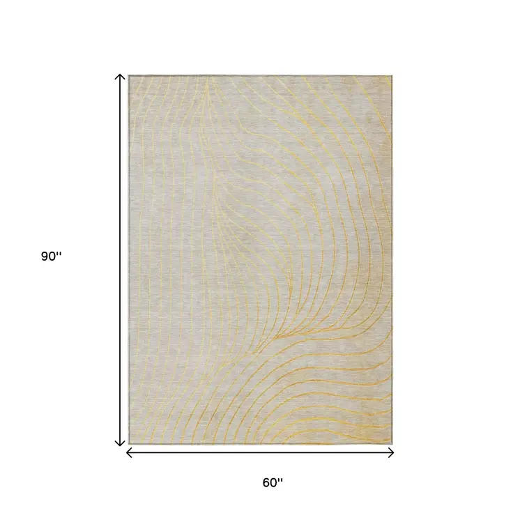 5' X 8' Gold And Silver Abstract Washable Indoor Outdoor Area Rug