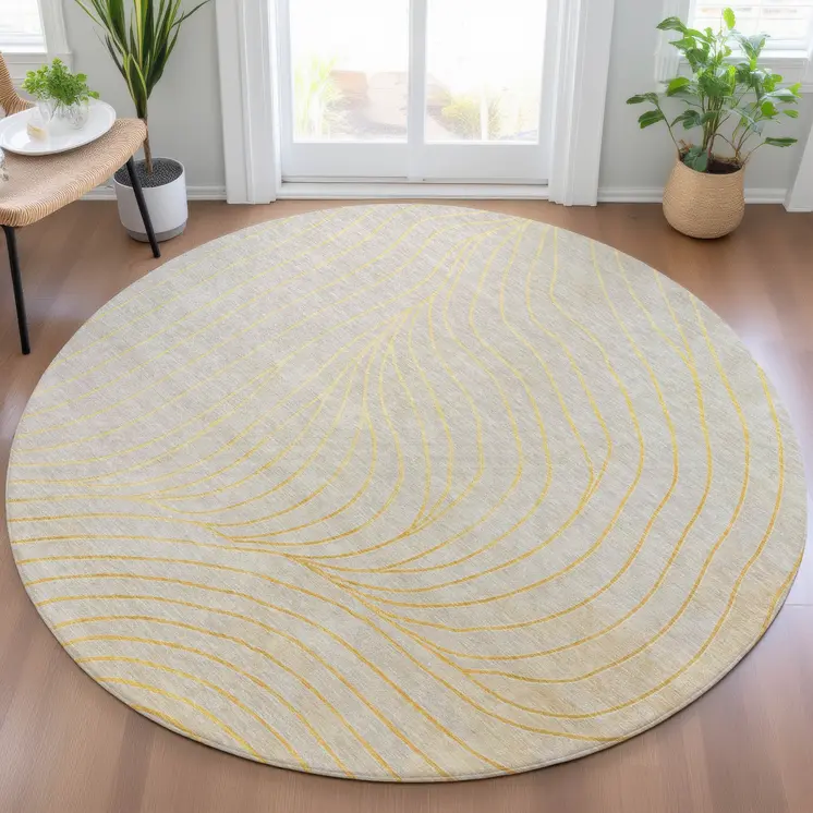 8' Gold And Silver Round Abstract Washable Indoor Outdoor Area Rug