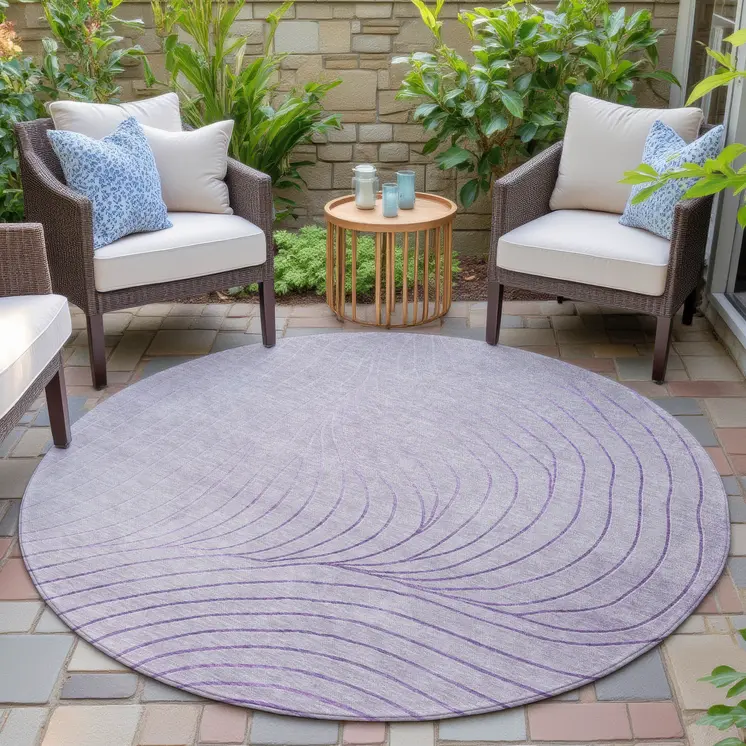 8' Lavender And Silver Round Abstract Washable Indoor Outdoor Area Rug