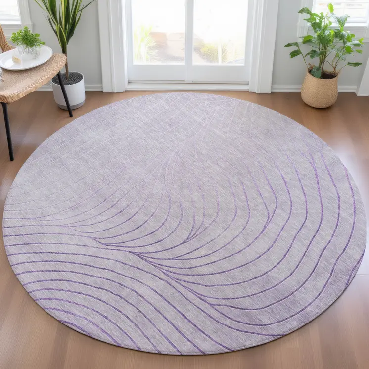 8' Lavender And Silver Round Abstract Washable Indoor Outdoor Area Rug