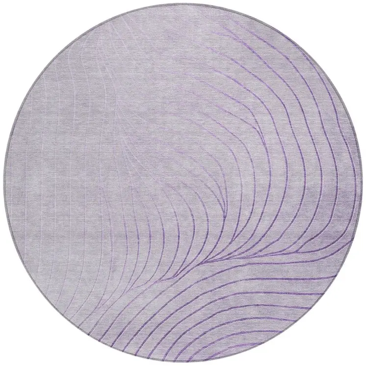 8' Lavender And Silver Round Abstract Washable Indoor Outdoor Area Rug