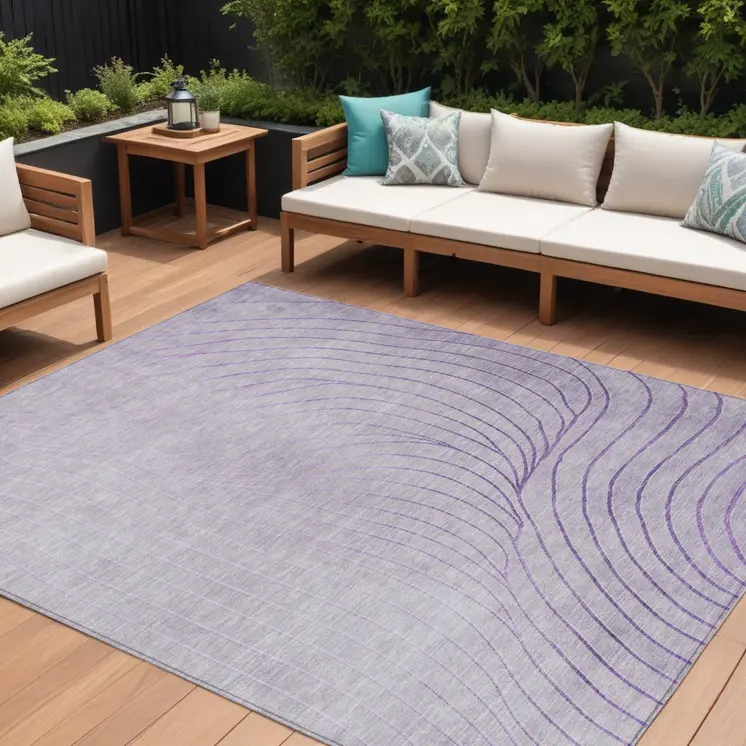 9' X 12' Lavender And Silver Abstract Washable Indoor Outdoor Area Rug