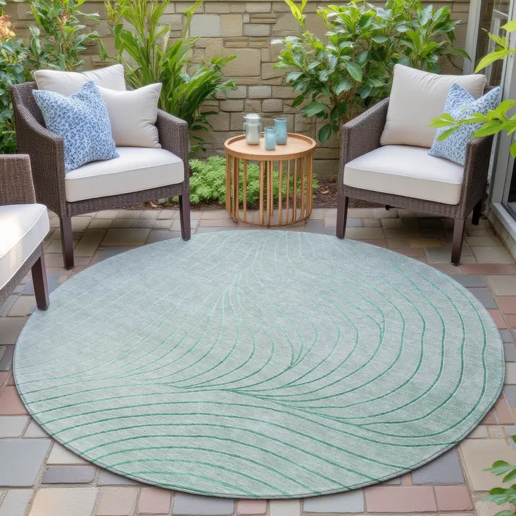 8' Mint Green And Silver Round Abstract Washable Indoor Outdoor Area Rug