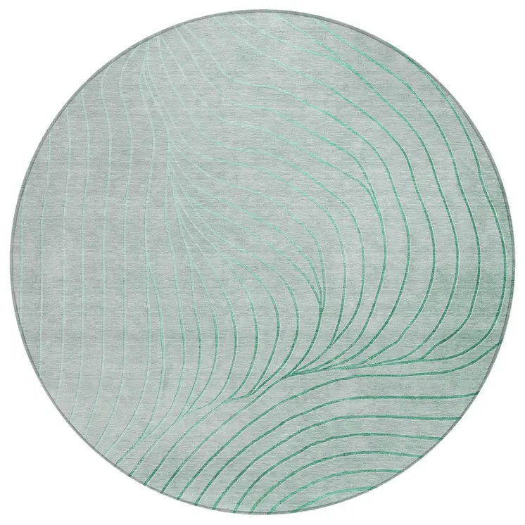8' Mint Green And Silver Round Abstract Washable Indoor Outdoor Area Rug