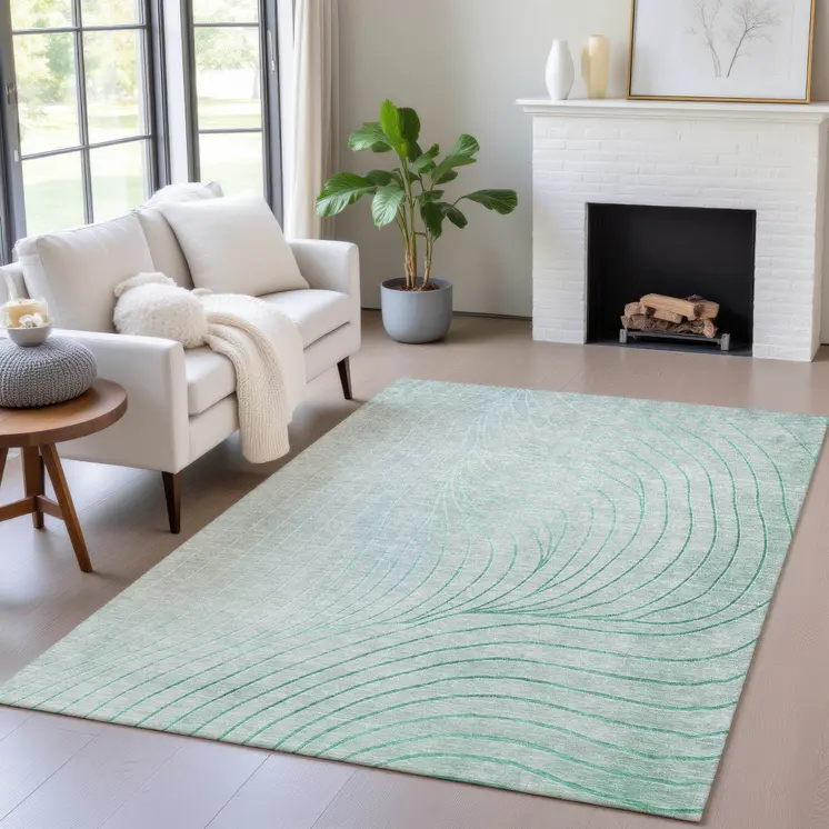 8' X 10' Mint Green And Silver Abstract Washable Indoor Outdoor Area Rug