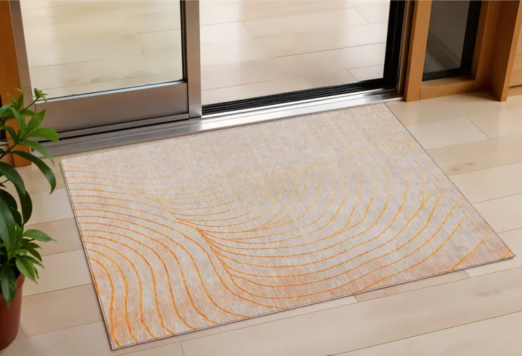 3' X 5' Orange And Silver Abstract Washable Indoor Outdoor Area Rug