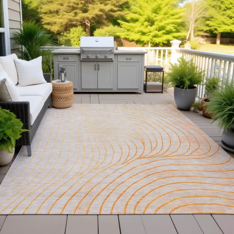 5' X 8' Orange And Silver Abstract Washable Indoor Outdoor Area Rug