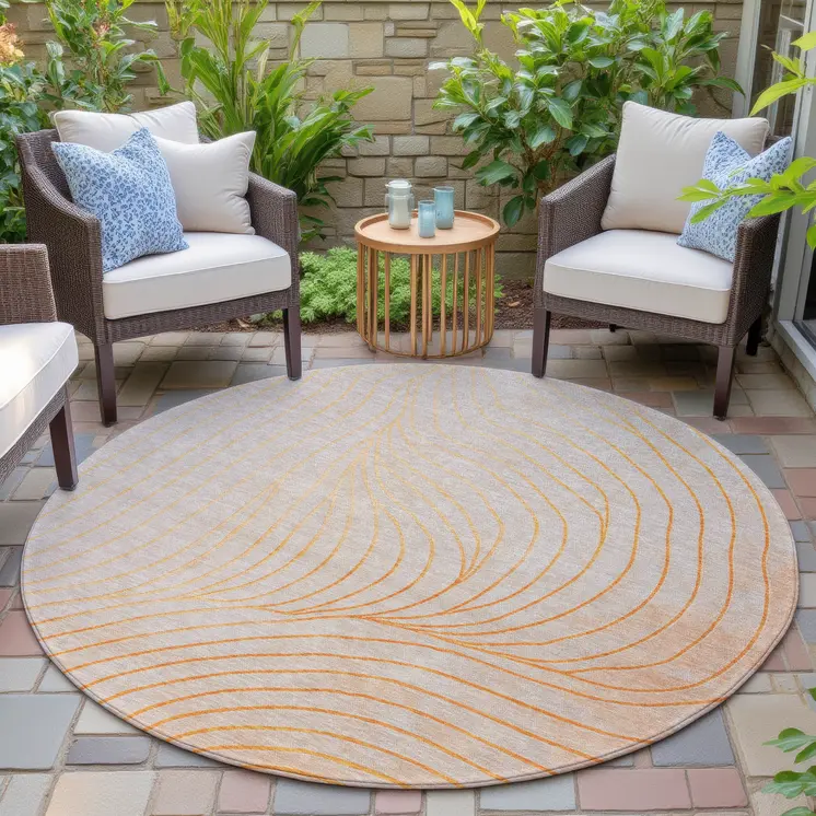 8' Orange And Silver Round Abstract Washable Indoor Outdoor Area Rug
