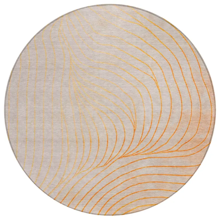 8' Orange And Silver Round Abstract Washable Indoor Outdoor Area Rug