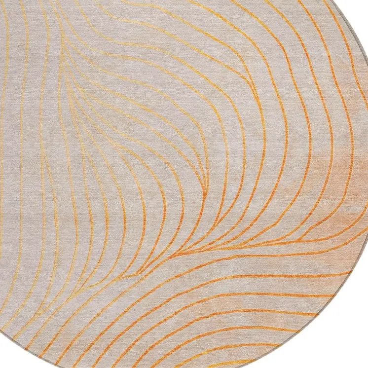 8' Orange And Silver Round Abstract Washable Indoor Outdoor Area Rug
