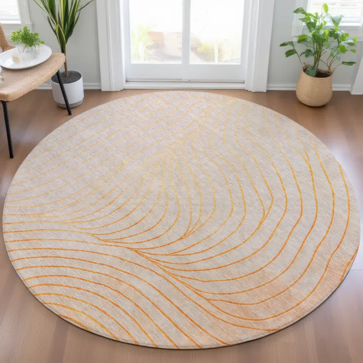 8' Orange And Silver Round Abstract Washable Indoor Outdoor Area Rug