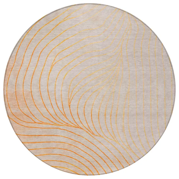 8' Orange And Silver Round Abstract Washable Indoor Outdoor Area Rug