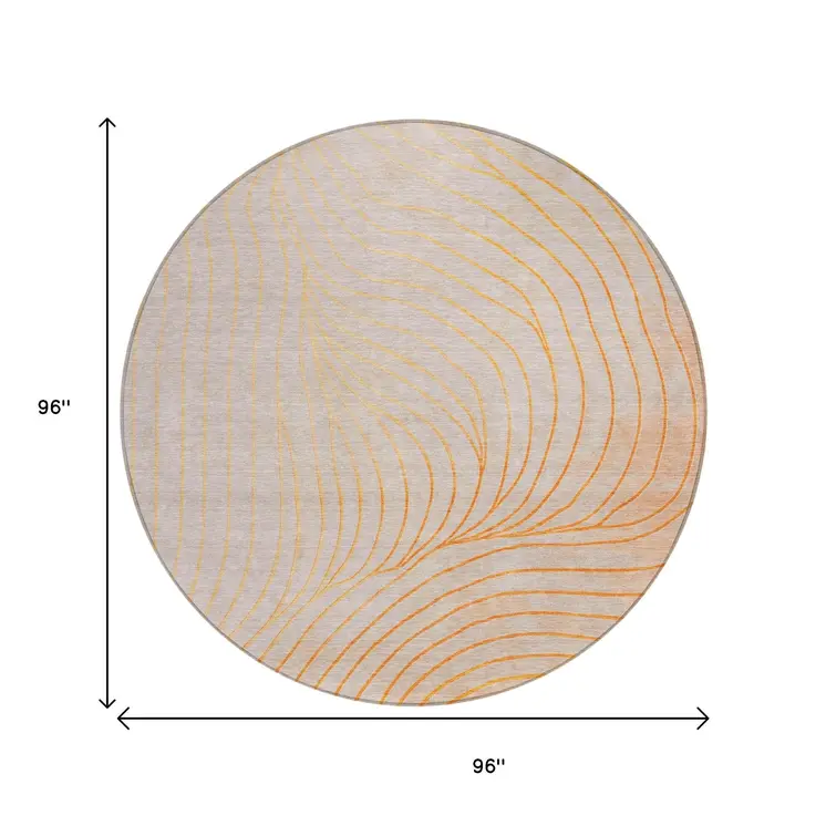 8' Orange And Silver Round Abstract Washable Indoor Outdoor Area Rug