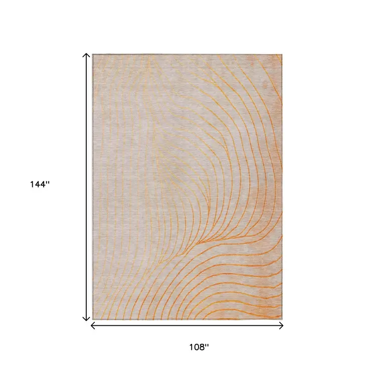 9' X 12' Orange And Silver Abstract Washable Indoor Outdoor Area Rug