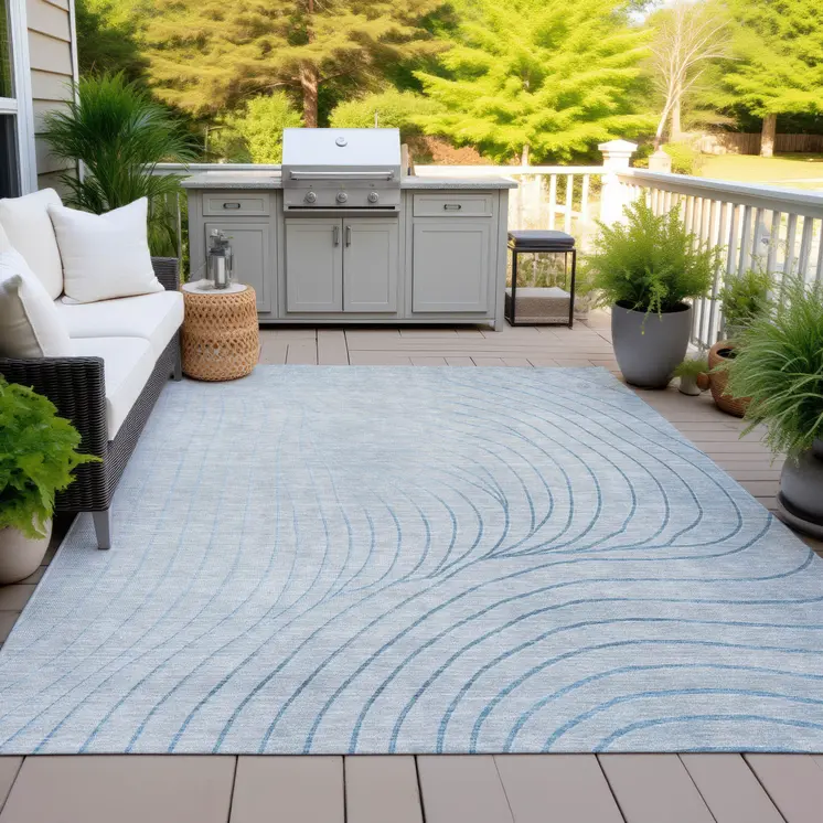 3' X 5' Sky Blue And Silver Abstract Washable Indoor Outdoor Area Rug