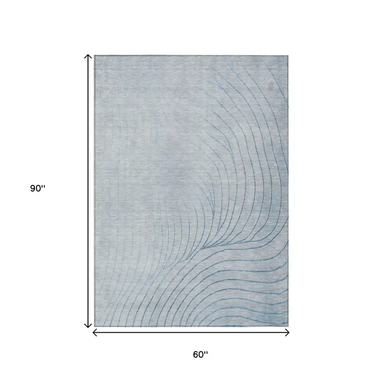 5' X 8' Sky Blue And Silver Abstract Washable Indoor Outdoor Area Rug