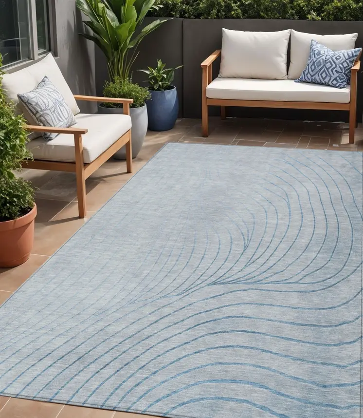 5' X 8' Sky Blue And Silver Abstract Washable Indoor Outdoor Area Rug