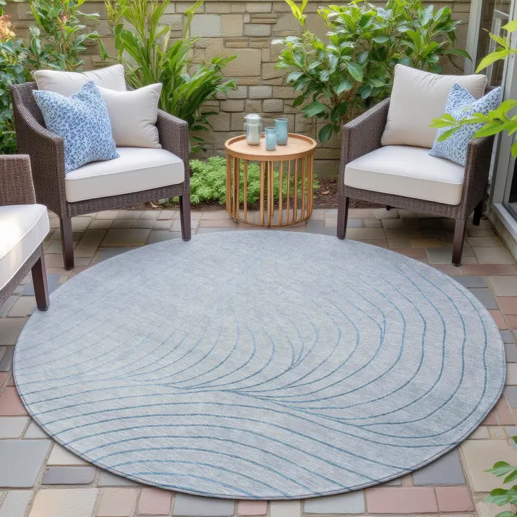8' Sky Blue And Silver Round Abstract Washable Indoor Outdoor Area Rug